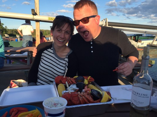 C and J, astounded by their bucket of treats