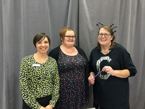 Anne (R) dressed as her alter-ego, Grammar Girl, helps me (L) and our colleague Starr (C) recruit students on MCC Night, 2014