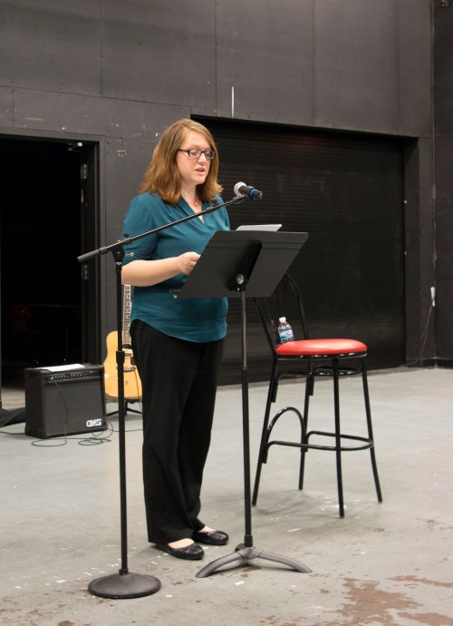 Lisa doing a different kind of reading out loud: her own fiction at an MCC faculty reading series