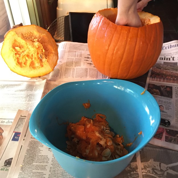 A bowl full of pumpkin guts!